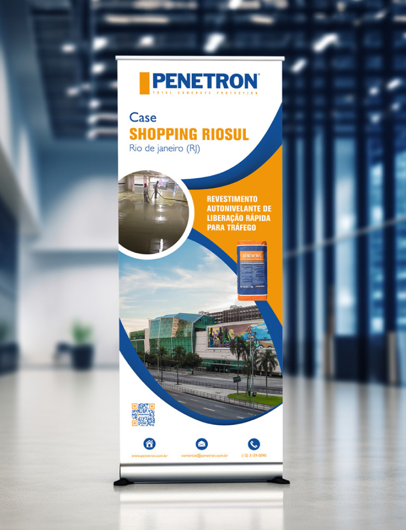 Imagem mostra a criação de um banner rool-up para a Penetron Brasil. A criação de design gráfico é um dos serviços da agência Coquetel Criativo.