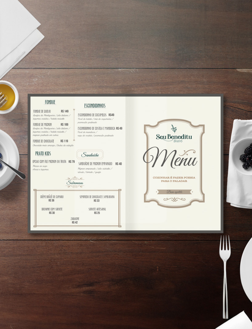 Criação do design do Menu do Bistro Seu Beneditú,, realizada pela agência Coquetel Criativo.