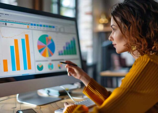 Imagem mostra uma mulher branca analisando os resultados de brandformance na tela do computador.